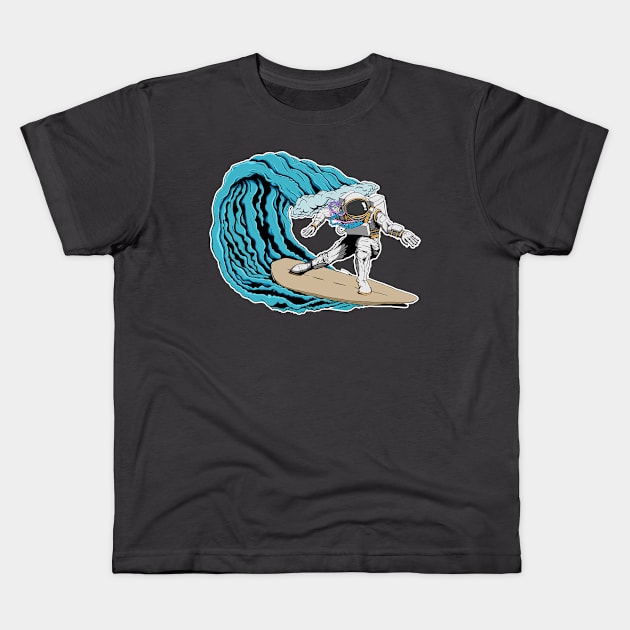 Surfing Space Astronaut Kids T-Shirt by Whicheverclown